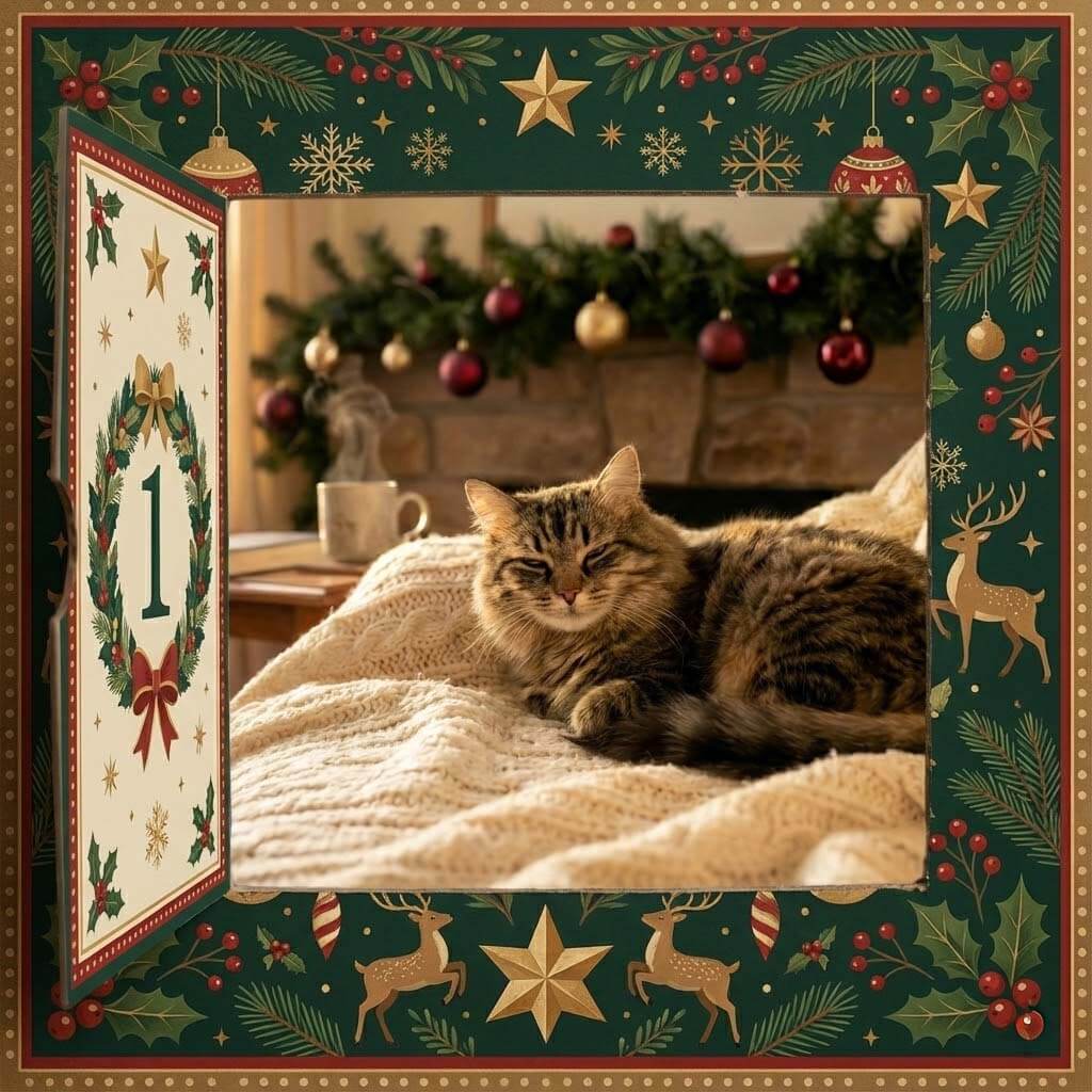 A relaxed cat purring contentedly on a blanket, framed inside a festive Advent Calendar window
