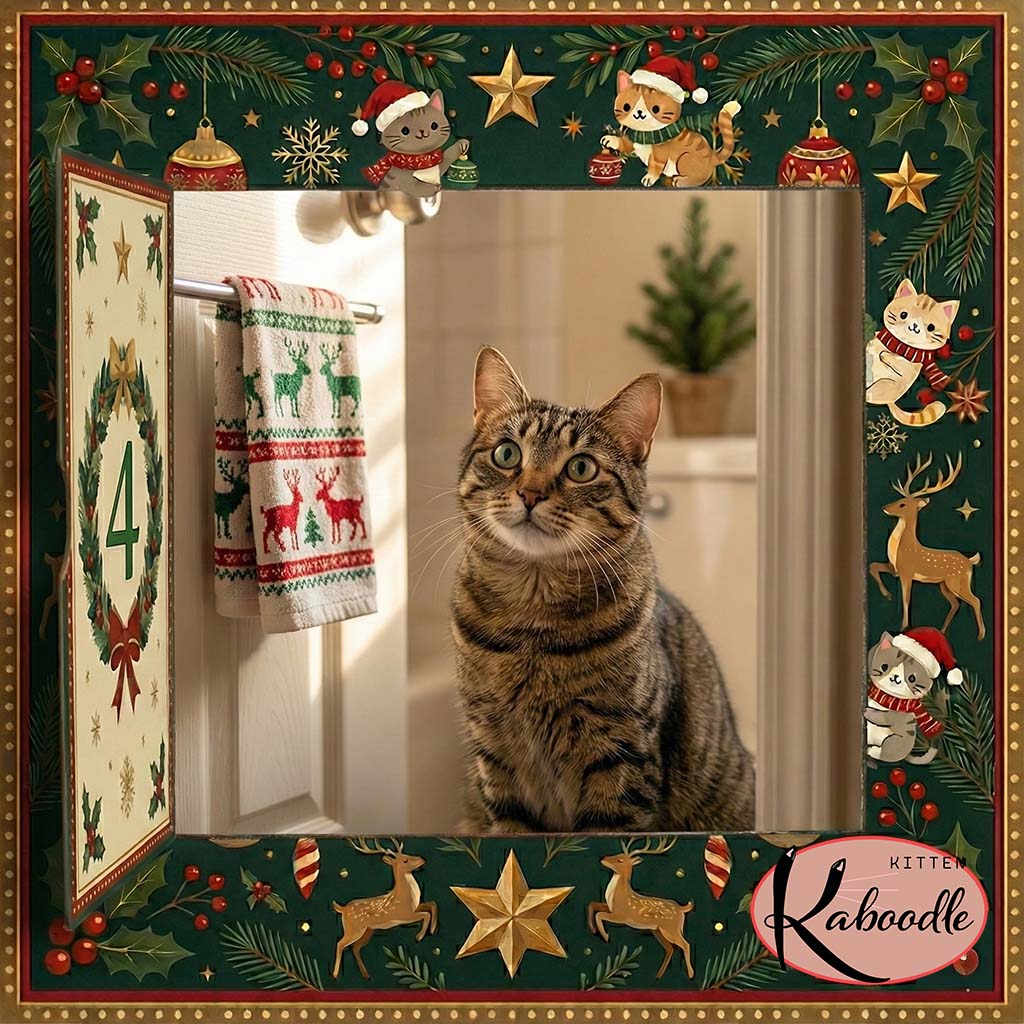 A curious cat sitting in a bathroom doorway watching their person