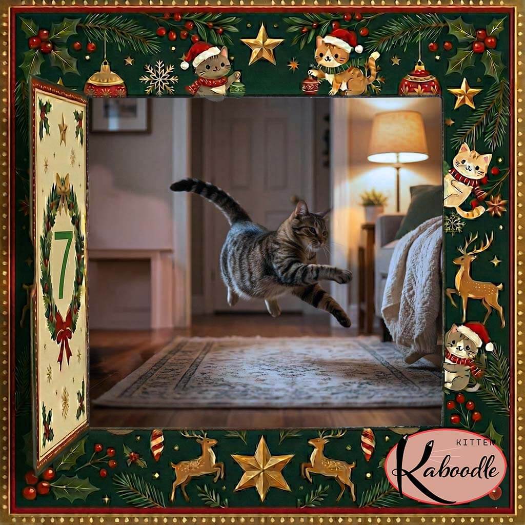 A playful cat zooming across a living room at night with energetic body language