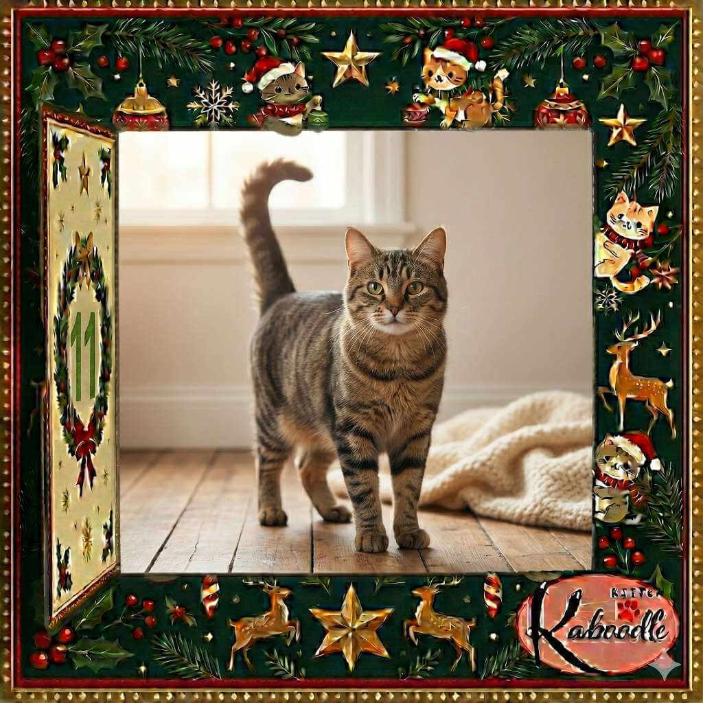 A cat holding its tail upright in a friendly greeting position