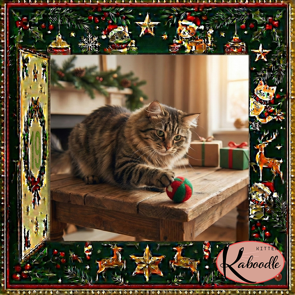 A playful cat pawing at the edge of a table object with intent to knock it off