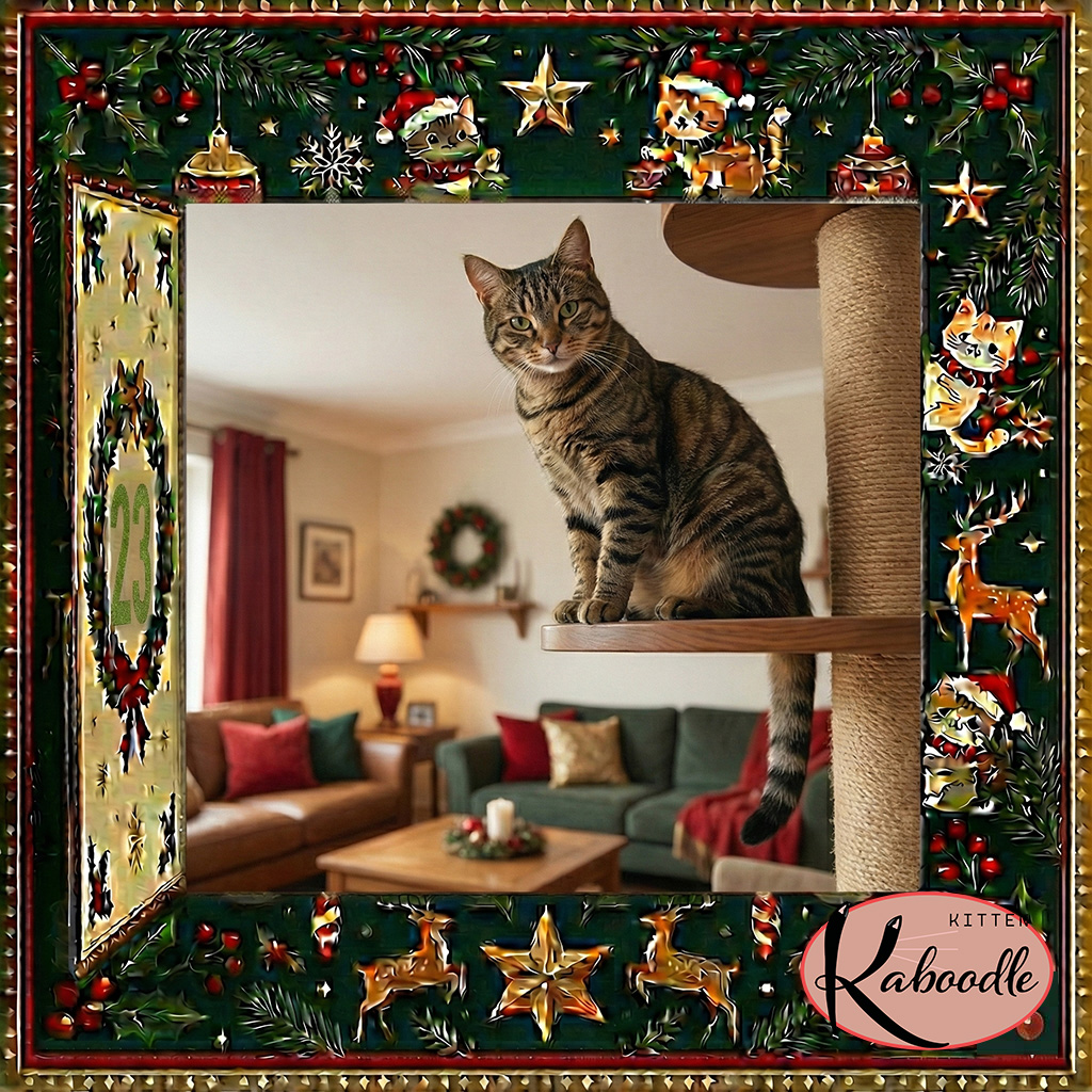 A confident cat perched on a high shelf, observing the room from above