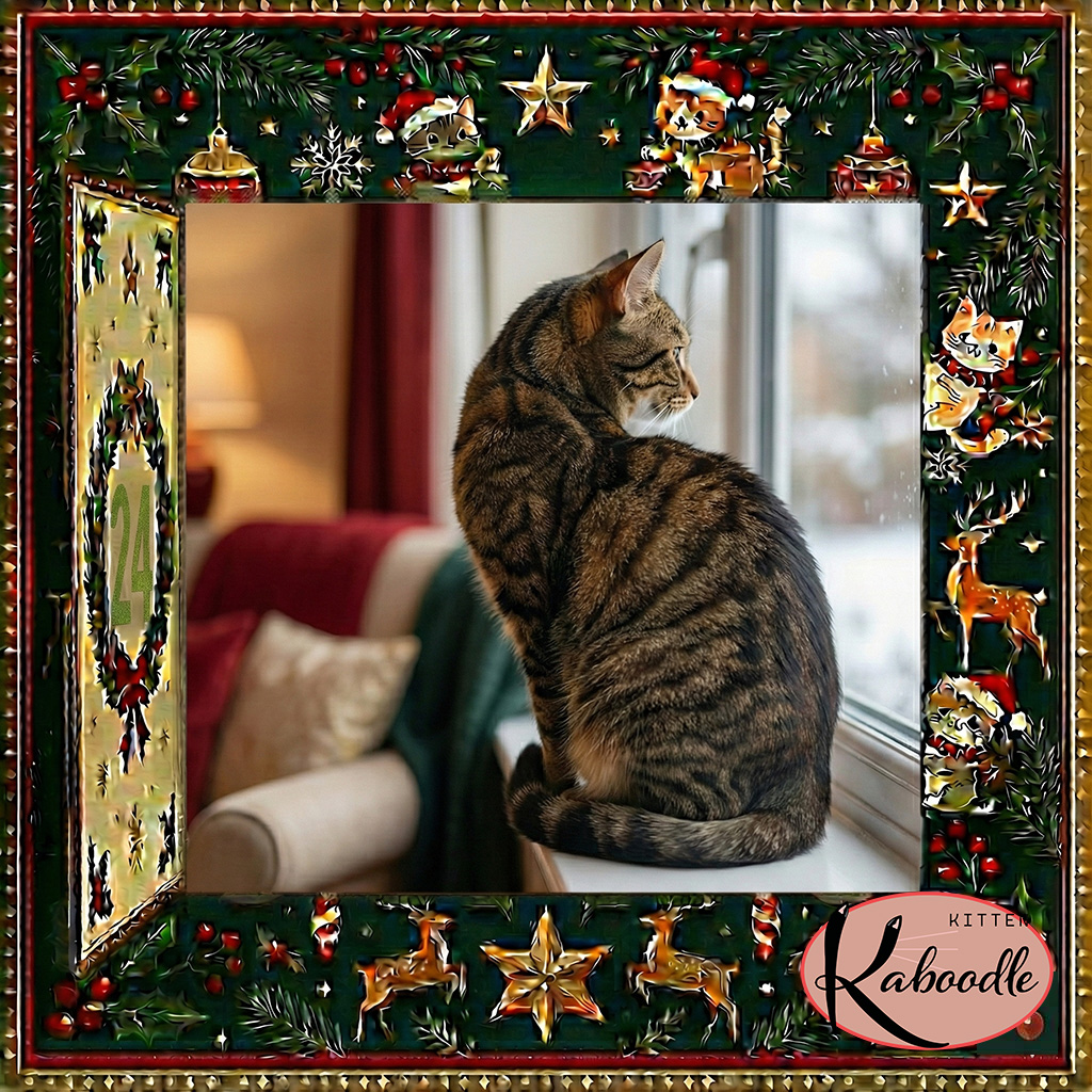 A relaxed cat sitting with their back to their guardian, ears gently angled and body calm