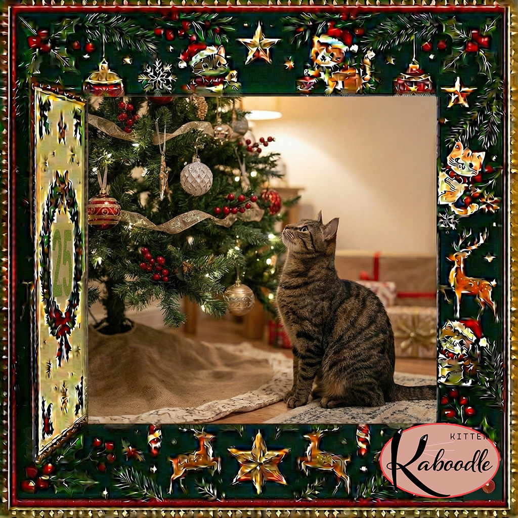 A curious cat reaching up toward a decorated Christmas tree, lit warmly with festive lights